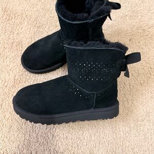 UGG Black Suede Booties with Bow Accent
